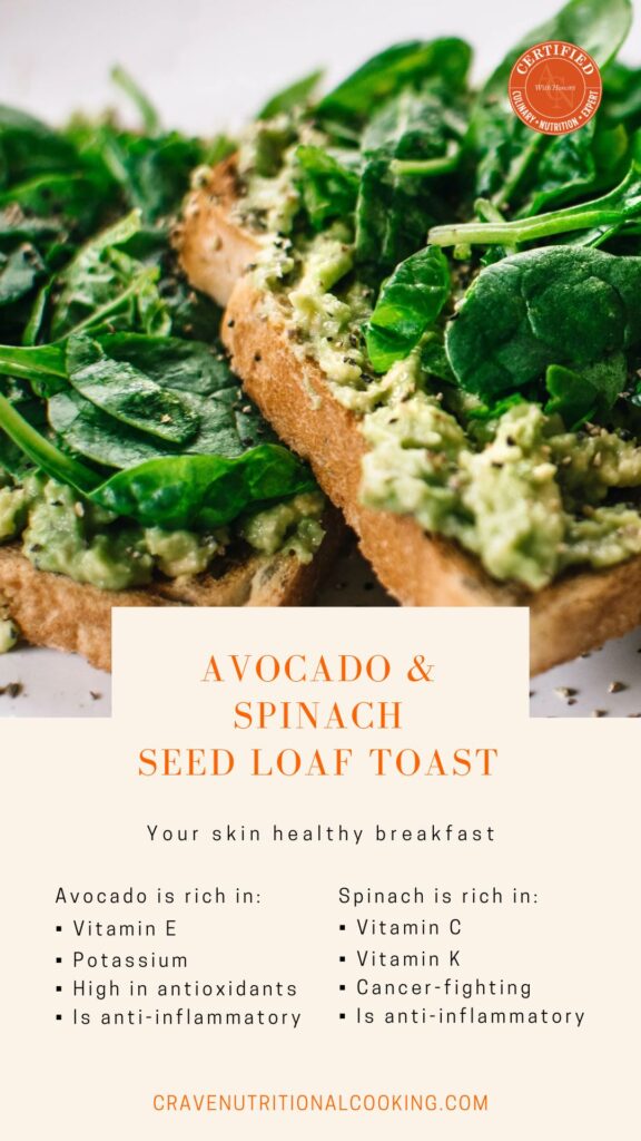 toast with mashed avocado and spinach leaves on a plate; heart healthy recipe