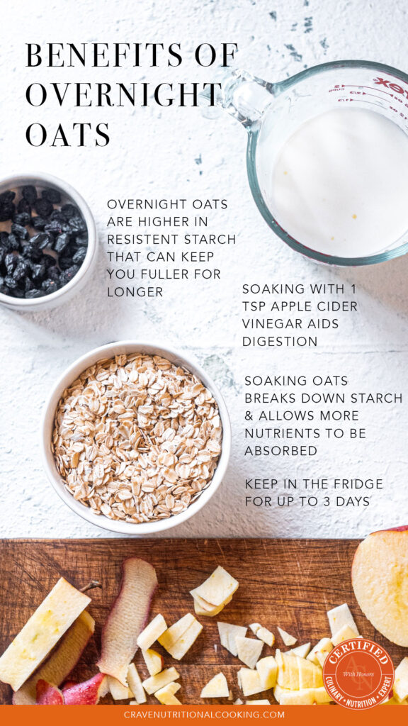 infographic of the health benefits of overnight oats. Aerial view of a bowl of raisins, rolled oats, milk and a chopped up red apple with peels on a wooden cutting board; text displayed reads that oats keeps you fuller for longer, soaking oats with 1 tsp apple cider vinegar aids digestion, breaks down starch, absorbs more nutrients, keeps 3 days in the fridge