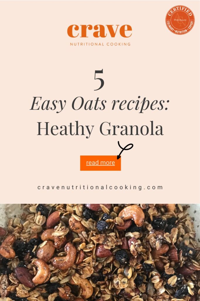 5 oats recipes that add variety to your breakfasts; baked granola spread out on baking sheet; chia seeds, cashews, raisins, rolled oats, raw almonds all coated with maple syrup