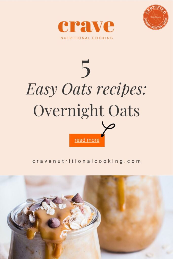 2 glass jars with overnight oats, chocolate chips and cream topping dripping over the edge; solid cream colour background in half the image displaying the headline  which reads  5 easy oats recipes overnight oats and button to click to blog post