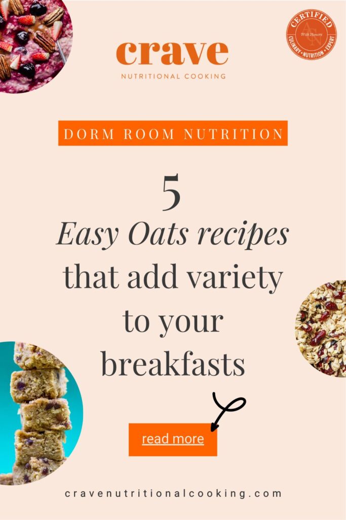 5 easy oats recipes that add variety to your breakfasts; stack of baked oats bars, a plate of rolled oats and cranberries granola; bowl of overnight oats with pink berries and walnuts; all images separately in circular graphic shapes