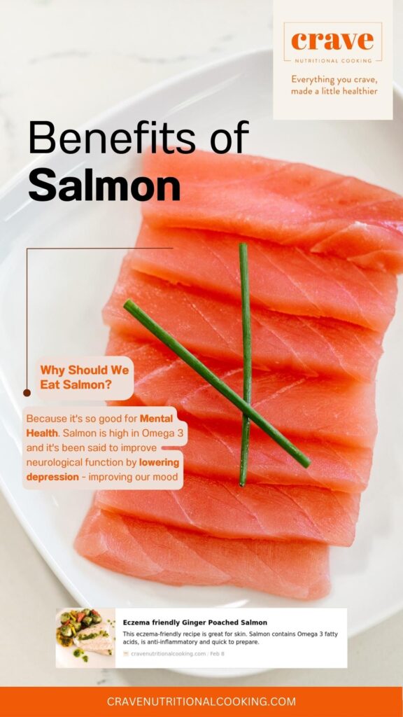 slices of sashimi with text graphics displaying the heart healthy benefits of salmon