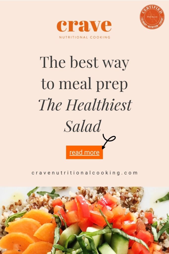 Best way to meal prep the healthiest salad; photo of white plate with colourful chopped cucumber, tomatoes, basil leaves, carrot discs and brown quinoa; heart healthy recipes