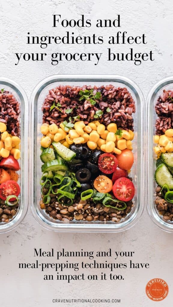 3 food containers containing meals prepped in advance, corn, cucumber, tomatoes and spring onions, olives, brown lentils