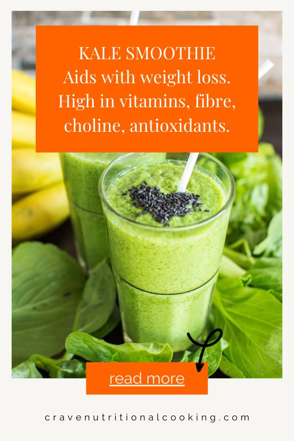 2 glasses of green kale smoothie surrounding my nutritious spinach leaves and bananas - orange graphics with text displaying benefits with straw; heart healthy recipe