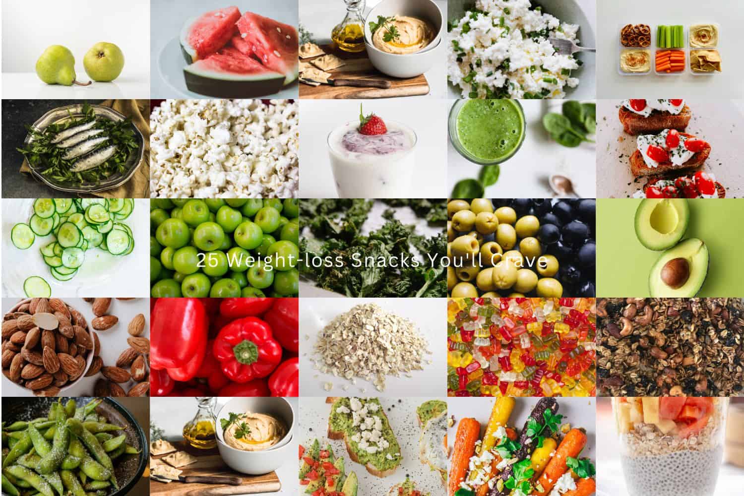 25 mini photos stacked in a tight grid displaying a version of each food described in the article, with one small line of text displaying "25 weight-loss snacks you'll crave"