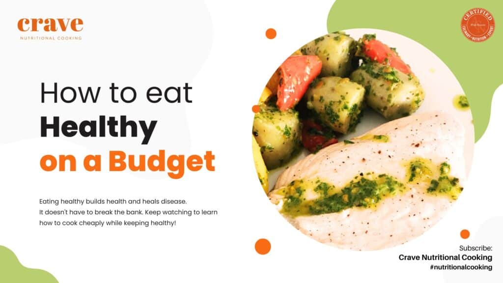 thumbnail of video about How to eat healthy on a budget. A circular image of pink salmon with roasted pesto vegetables. Green and orange graphic motif with crave logo plus orange and black headline copy or text