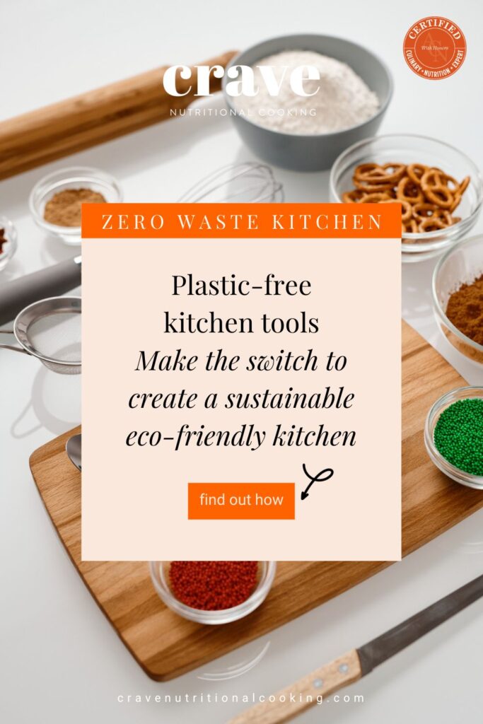 Full bleed photo of glass, stainless steel and wooden cooking utensils and baking ingredients; Headline reads: Plastic-free kitchen tools, Make the switch to create a sustainable eco-friendly kitchen