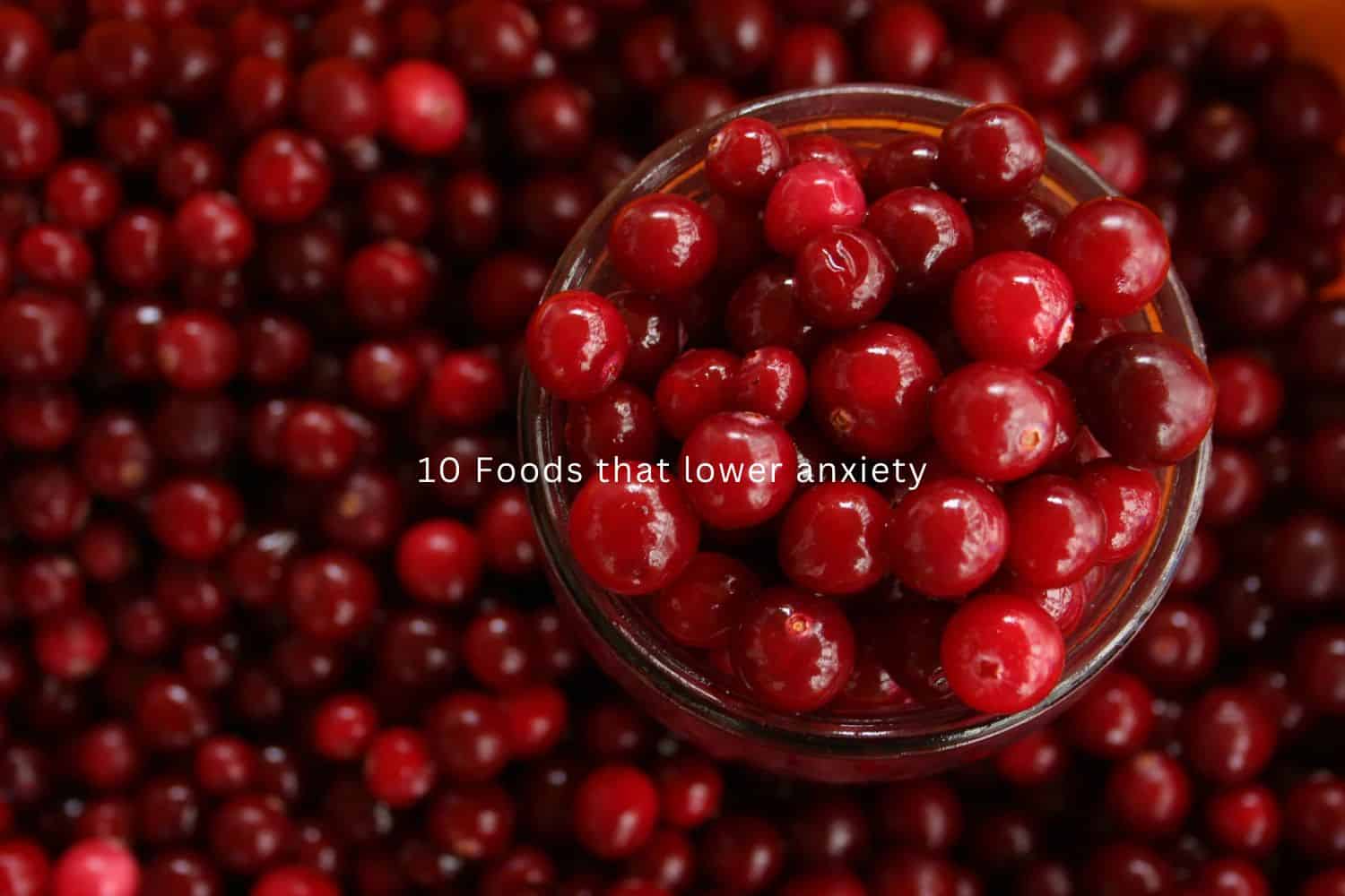 full image of red cherries, on top of cherries background is a glass bowl filled with red cherries