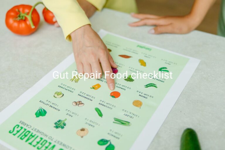 Gut Repair Food checklist, woman pointing finger to list of healthy food and vegetables