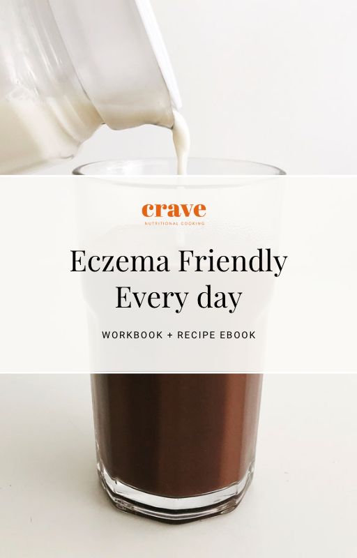 glass of chocolate cacao carob almond nut milk, this is the ebook cover for Eczema Friendly every day Workbook and Recipe ebook