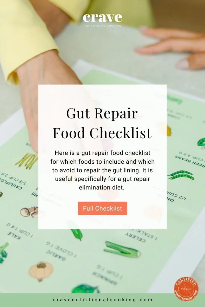 Gut Repair Food checklist, woman pointing finger to list of healthy food and vegetables pinterest pin grapic
