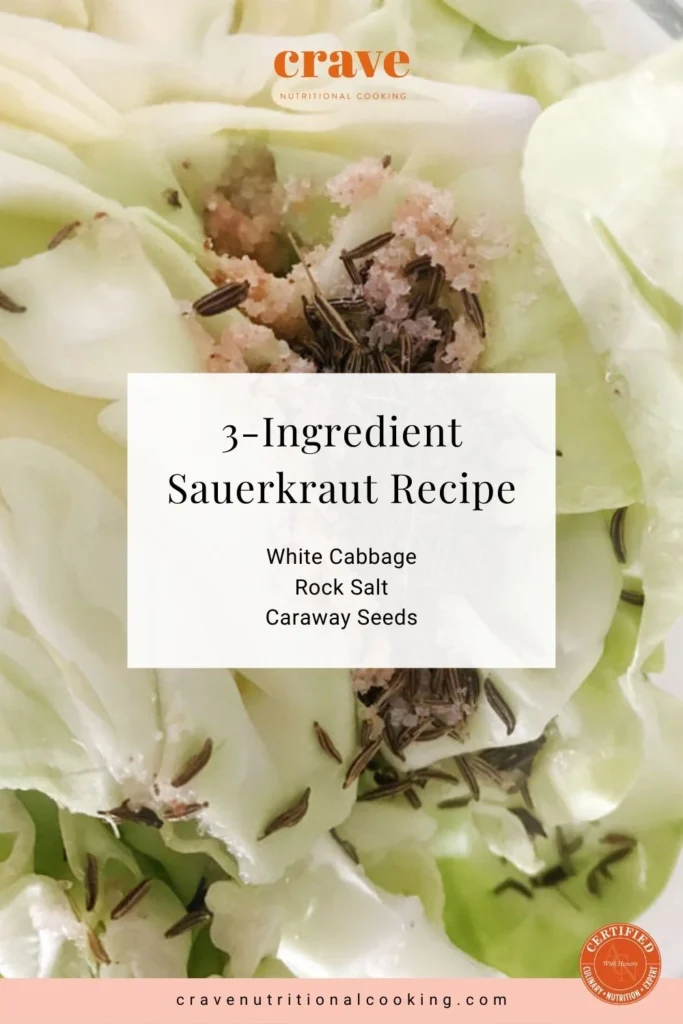 sauerkraut making or preparation, caraway seeds, salt, green cabbage in glass bowl, pre-fermentation