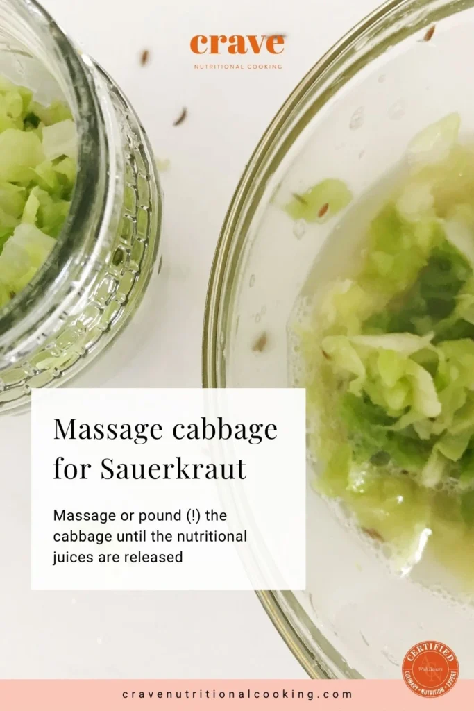 sauerkraut making or preparation, green cabbage in glass bowl and jar pre-fermentation